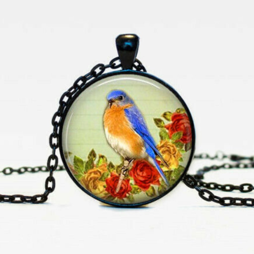 Blue Bird Cabochon Pendant Black Chain Necklace 20$